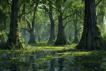 Obraz premium A lush green forest with a pond in the middle