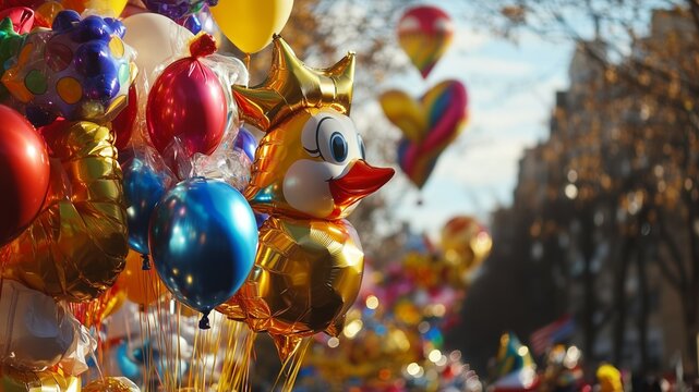 Thanksgiving Parade, A scene from a Thanksgiving Day parade with colorful floats and balloons, vibrant and vivid