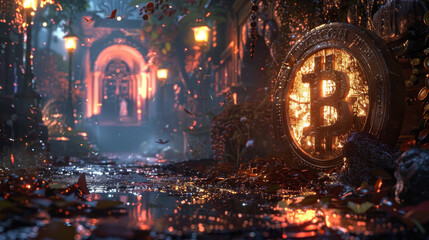 A dark and mysterious scene with a glowing B on a large, ornate coin
