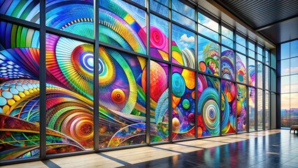 Colorful abstract geometric patterns and swirling shapes dance across a large modern window, blending art and technology in a stunning visual display.