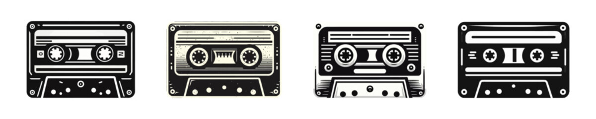 Naklejka premium Vector icons of four vintage cassette tapes in monochrome, perfect for retro, music, and nostalgia-themed designs.