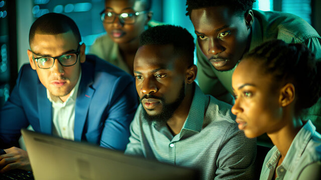 AI cyber security concept. Diverse IT specialist team analysing artificial intelligence online risk threats to consumer data. African male software developer coding & ethical hacking in dark office