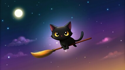 Fototapeta premium Black Cat Flying on a Broom Stick Against a Starry Night Sky
