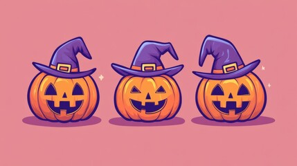 Chibi jackolanterns with hats, adorable Halloween scene, flat design illustration