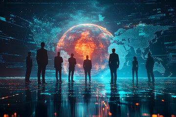3D tech illustration of a data analytics tool with a globe illustration of the world and silhouettes of businesspeople looking at the big screen