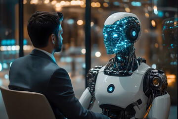 Ai robot and man sitting and chatting in the office table, concept of future jobs 