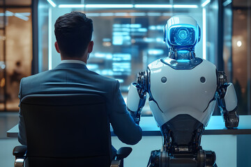 Ai robot and man sitting and chatting in the office table, concept of future jobs 