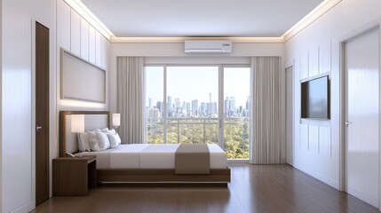Fototapeta premium This modern hotel room features a large window with a city view, stylish decor, a comfortable bed, and a workspace, perfect for relaxation or productivity