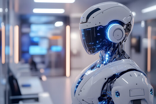 Ai android robot in a modern futuristic clean office standing