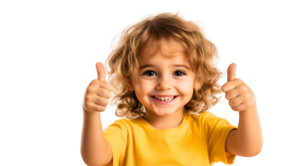 portrait of isolated 6 - 7 years old blond baby girl showing thumbs up; white background/wall; happy smiling child making hand gesture