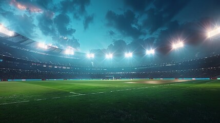 Aerial view of realistic oval sports stadium with floodlights and cricket pitch in urban setting