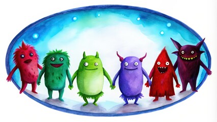 Obraz premium Watercolor Illustration of Six Friendly Monsters Holding Hands