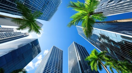 Fototapeta premium Tall glass and steel buildings tower over palm trees, showcasing a luxurious lifestyle amidst a vibrant blue sky in downtown Miami