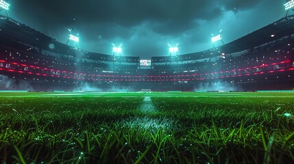 Aerial view of realistic oval sports stadium with floodlights and cricket pitch in urban setting