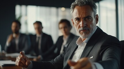 Fototapeta premium A senior executive making a decisive point during a strategy meeting, surrounded by attentive colleagues