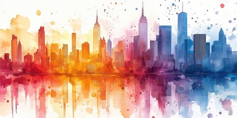 Fototapeta premium Watercolor Cityscape with Red, Orange, Blue, and Purple Hues