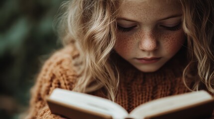 A young girl with blonde curly hair is deeply engrossed in reading a book while sitting outdoors, wearing a cozy, brown sweater, representing innocence and education.