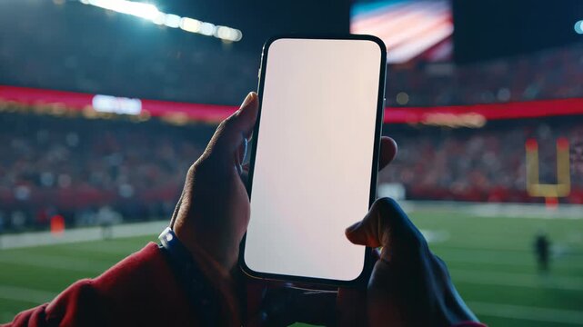 Close-up of a sport fan hand holding touching smartphone with blank white screen in a crowed football soccer stadium