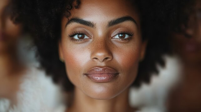 A profile shot of a woman with an afro hairstyle, bathed in soft warm tones, highlighting her delicate facial features and natural beauty, capturing a serene and confident vibe. - Powered by Adobe