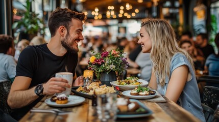 A couple enjoys gourmet pasta and coffee in a cozy café, sharing laughter and warmth.