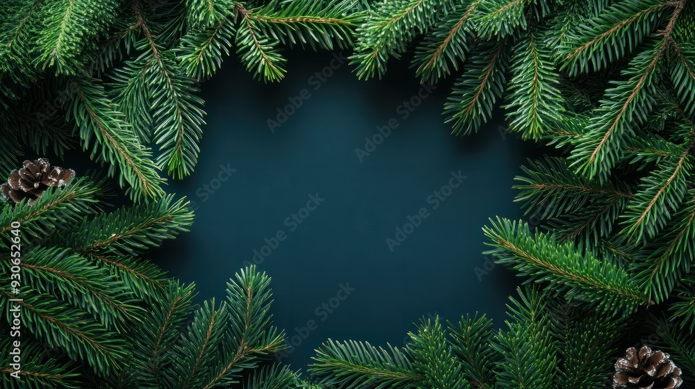 Wall mural holiday background with frame in the middle of evergreen tree branches, christmas and festive season