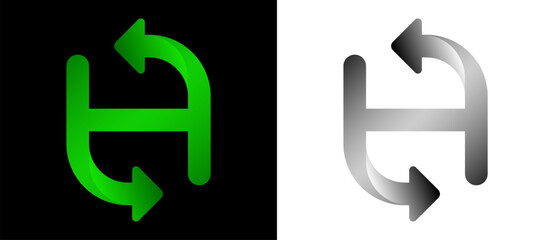 Abstract color letter H over black and white backgrounds. Swirl pattern logo or icon.