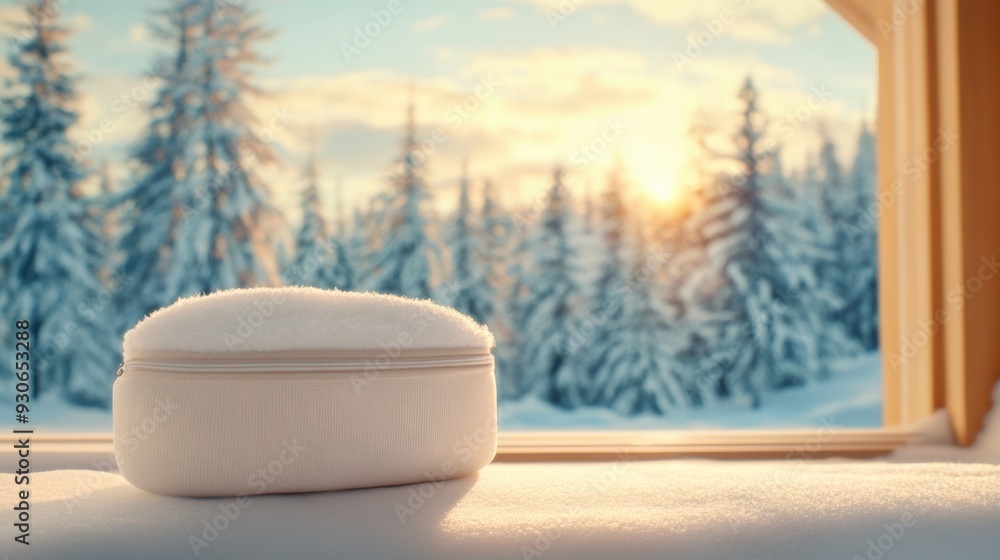 Poster a container of snow sitting on a window sill in front of trees, ai