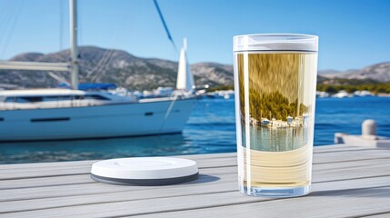 A white tumbler rests on sandy beach with a sailboat sailing in the background, framed by swaying palm trees under a bright blue sky