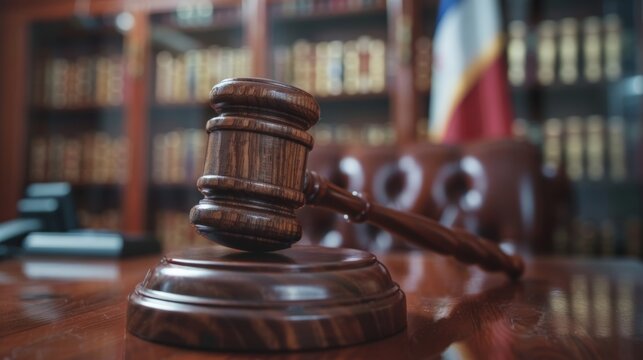 A wooden gavel sits on a block of wood, suggesting the finality of a legal decision, poster
