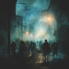 Eerie Urban Street Scene with Undead Creatures and Bloodstains.