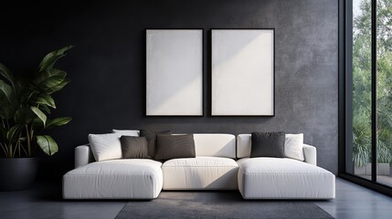 A contemporary living room design featuring a white sectional sofa set against a dark accent wall, complemented by two minimalistic paintings and large windows.