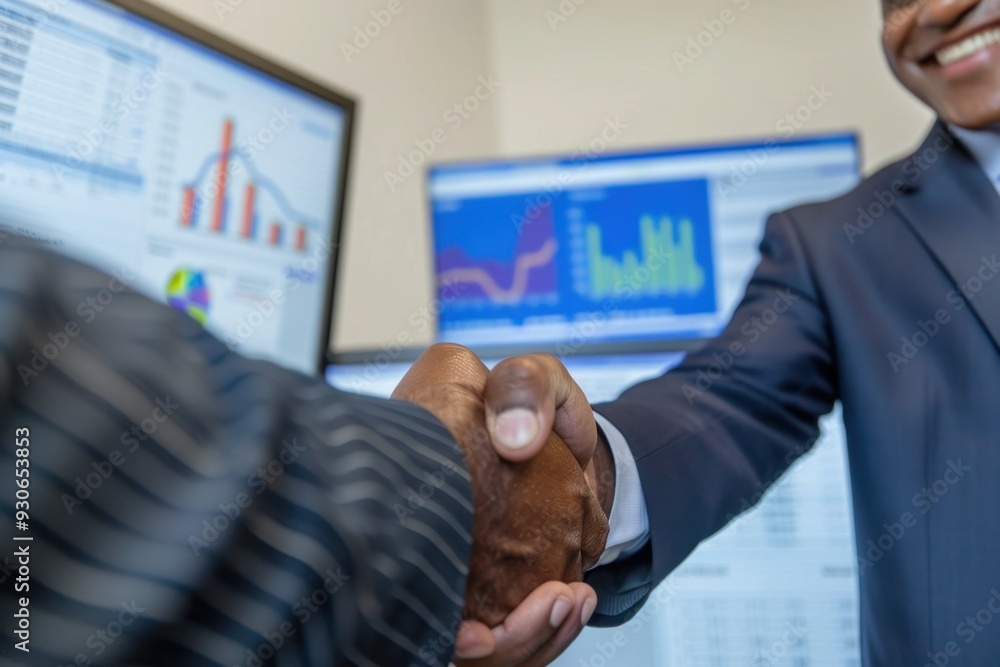 Poster a close-up of two businessmen shaking hands in an office setting, with computer screens displaying g