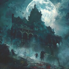Eerie Haunted Mansion Filled with Undead Creatures and Foggy Atmosphere