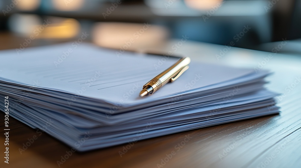 Poster a stack of contracts waiting to be signed, with a pen and notepad placed nearby