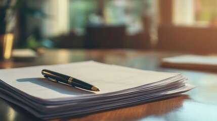 A stack of contracts waiting to be signed, with a pen and notepad placed nearby
