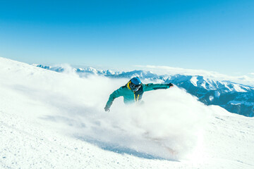 Close up unrecognizable male professional skier free motion ski downhill in competition. Sports...