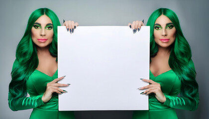 two green hands long nails holding empty sheet providing space inscription