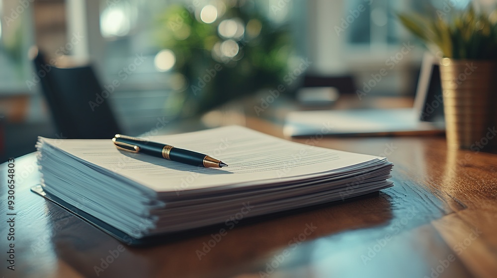 Poster a stack of contracts waiting to be signed, with a pen and notepad placed nearby