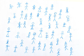 Figures of men drawn randomly with a blue pencil on a white background.