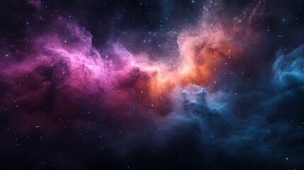 A vibrant explosion of colors in space, featuring majestic clouds in radiant pink, blue, and orange, creating an awe-inspiring astronomical vision.