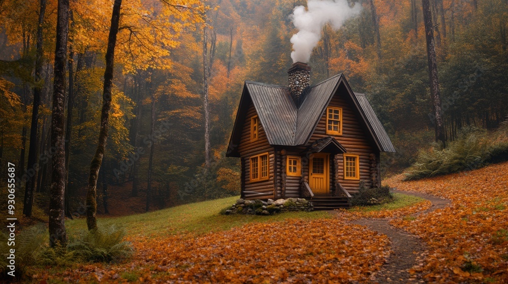 Wall mural A small cabin in the woods with a smoke coming out of it, AI