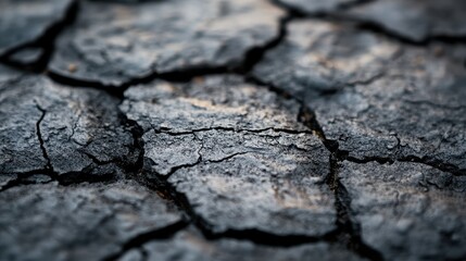 A close-up image of cracked and dry ground, showcasing deep fissures and dark tones, representing drought, arid conditions, and the harshness of nature.