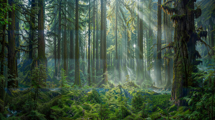Obraz premium Majestic forest with towering trees and sunlit morning mist