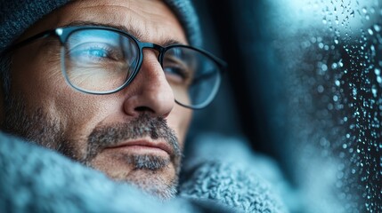 A close-up of an elderly man wearing glasses, gazing thoughtfully out a rainy window, wrapped in warm knitwear, highlighting introspection and serene contemplation.