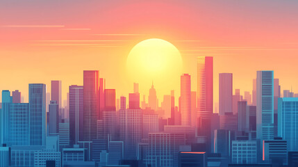 Fototapeta premium city skyline at sunset, with buildings and skyscrapers against the backdrop of a pastel sky The sun is setting in front of them, casting long shadows over the urban landscape