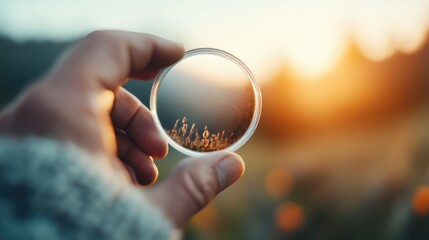 A hand holds a circular lens focusing on wild grass with a blurred sunset background, highlighting details of the vegetation and contrasting textures under warm light.
