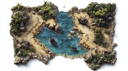 Fototapeta premium A high fantasy Halloween island map, cursed shores, pirate ghosts, and eerie shipwrecks, detailed and atmospheric, isolated on white background