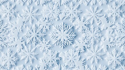 White snowflakes on a plain white or blue background, highlighting their unique symmetrical patterns. SEAMLESS PATTERN. SEAMLESS WALLPAPER.