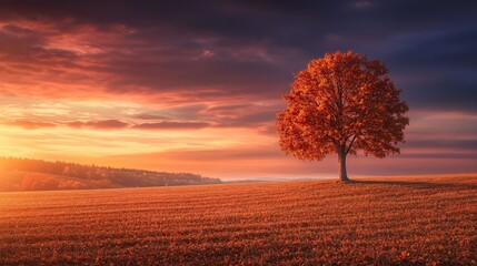 A solitary autumn tree against a vibrant sunset in a golden field