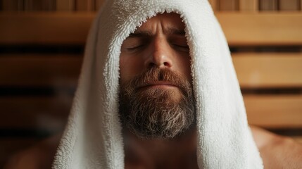 A man sits in a wooden sauna with a white towel covering his head, relaxing and enjoying the steam, showcasing a moment of tranquility and self-care in a heat therapy setting.